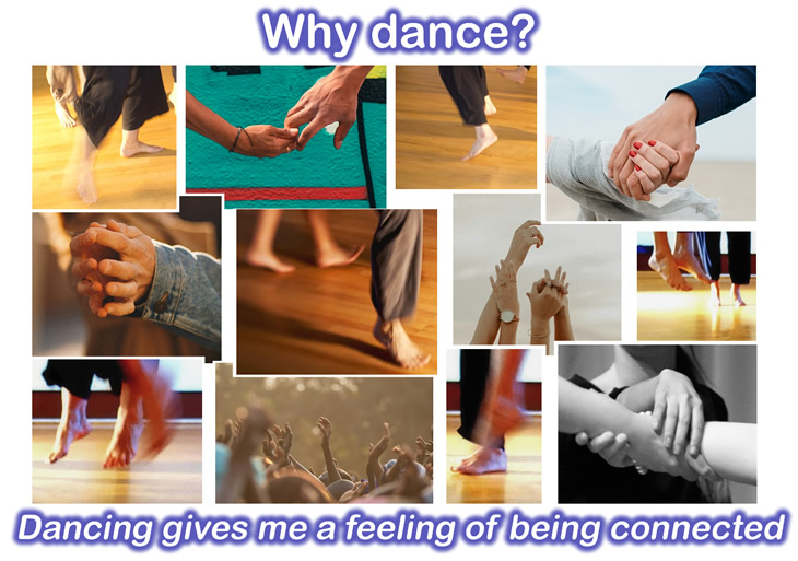 A montage of people's feet and hands in various dance settings, with the question 'Why Dance?' and the answer 'Dancing gives me a feeling of being connected'.