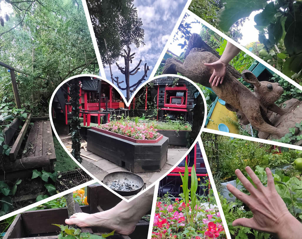 A montage of images from the event venue depicting flowers, trees, a bench and a scuplture of a rabbit. A hand and foot are shown, as a mover interacts with some of the objects.
