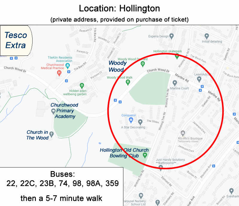 Map showing approximate location of event: Hollington area. Buses 22, 22C, 23B, 74, 98, 98A and 359 will take you close, then there is a 5-7 minute walk. Full venue address will be provided on purchase of ticket.